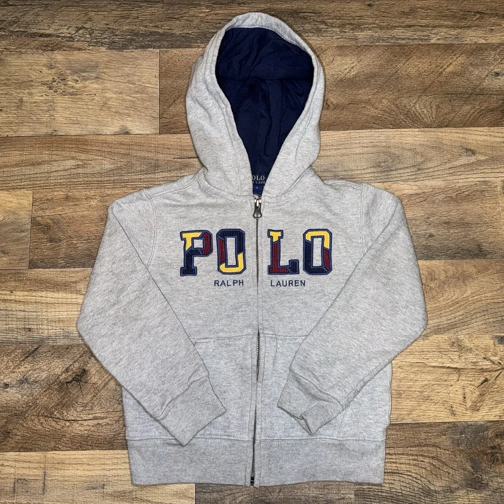 Polo Ralph Lauren Embroidered Logo Kids Youth Full Zip Hoodie Gray Size 4